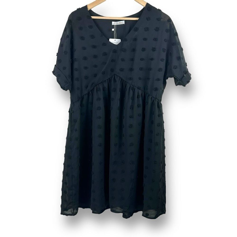 Kirundo Women's Size‎ M Short Sleeve Black Swiss Dot Dress Layered Chiffon New